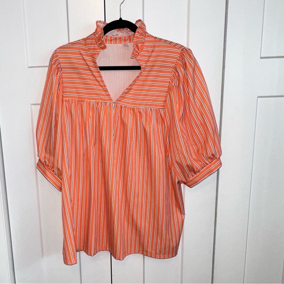 Source Unknown Tops - Women's Orange Striped Ruffle V-Neck Short Sleeve Top - L